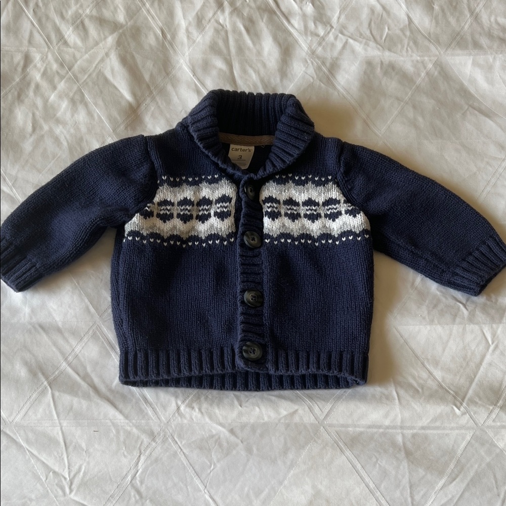 Carters Newborn Blue White & Grey 100% Cotton Shawl Collar Fair Isle Sweater 3